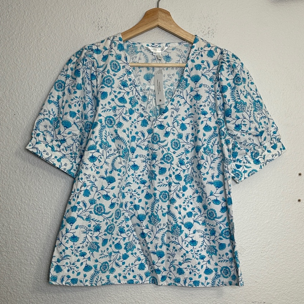 Draper James‎ V-Neck Puff Short Sleeve Top Womens XS Blue Floral Cottagecore NWT
